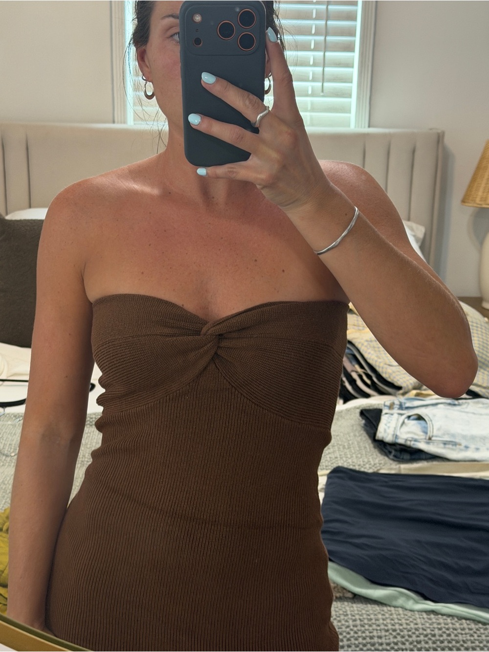 Strapless Twist Knit Bodycon Dress - Brown
